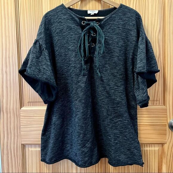 Umgee Tops - Umgee heathered grey black lace up tie ruffled sleeve tunic shirt top S/M
